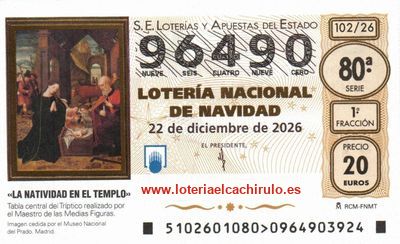 Anverso del décimo 96490 de la Lotería de Navidad 2026, de Fuenlabrada (Madrid)